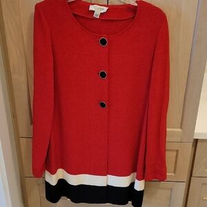 St. John Vibrant Red Long Jacket with Black and Cream Trim